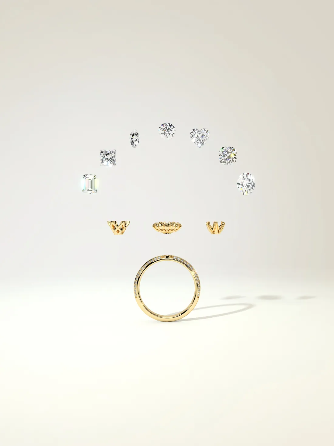 Verlobungsring-Komposition in Gelbgold: Ringbasis, schwebende Diamant-Schliffe und drei Fassungen — RT Goldrausch Reutlingen