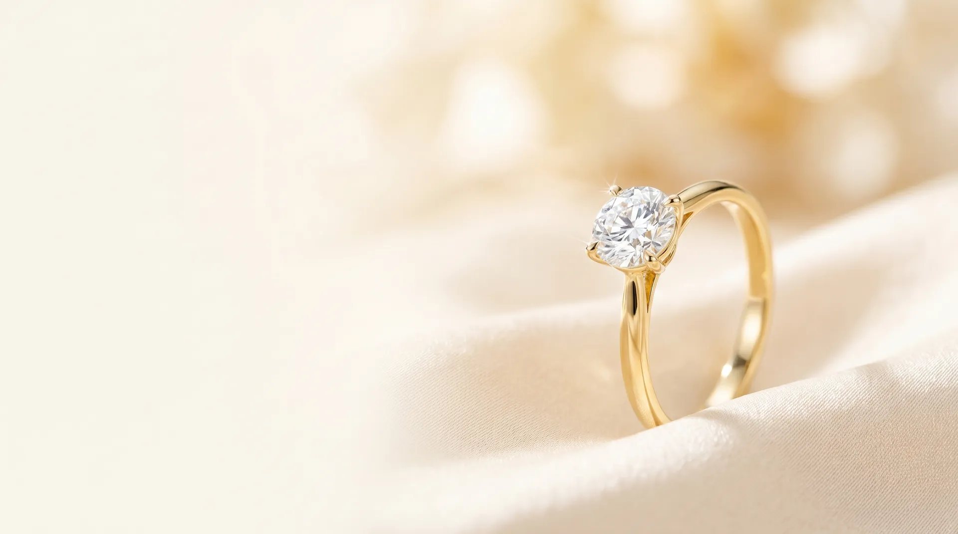 Diamant-Solitär aus Gelbgold auf Elfenbein-Seide bei RT Goldrausch Reutlingen