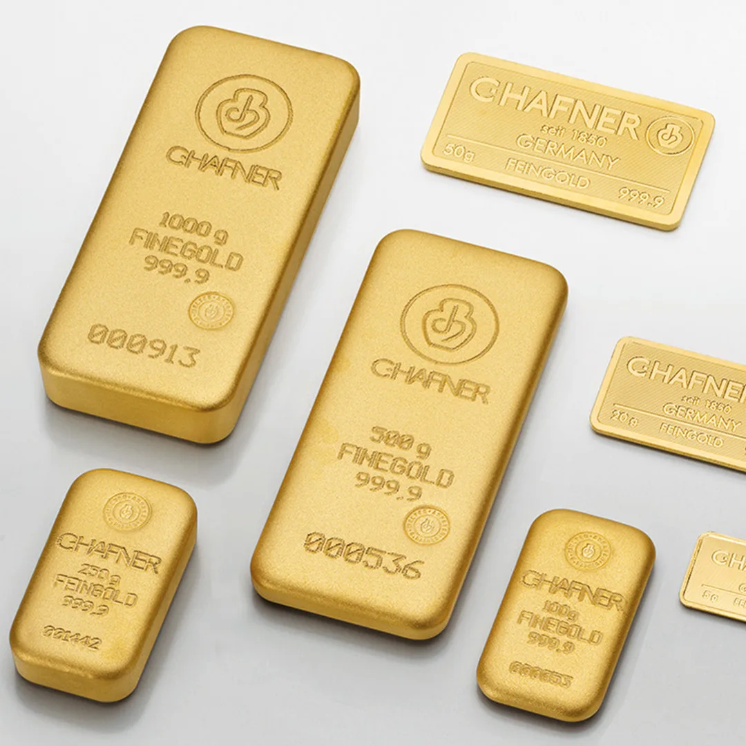 Goldbarren verschiedener Größen einer deutschen Scheideanstalt als Anlagegold bei RT Goldrausch Reutlingen