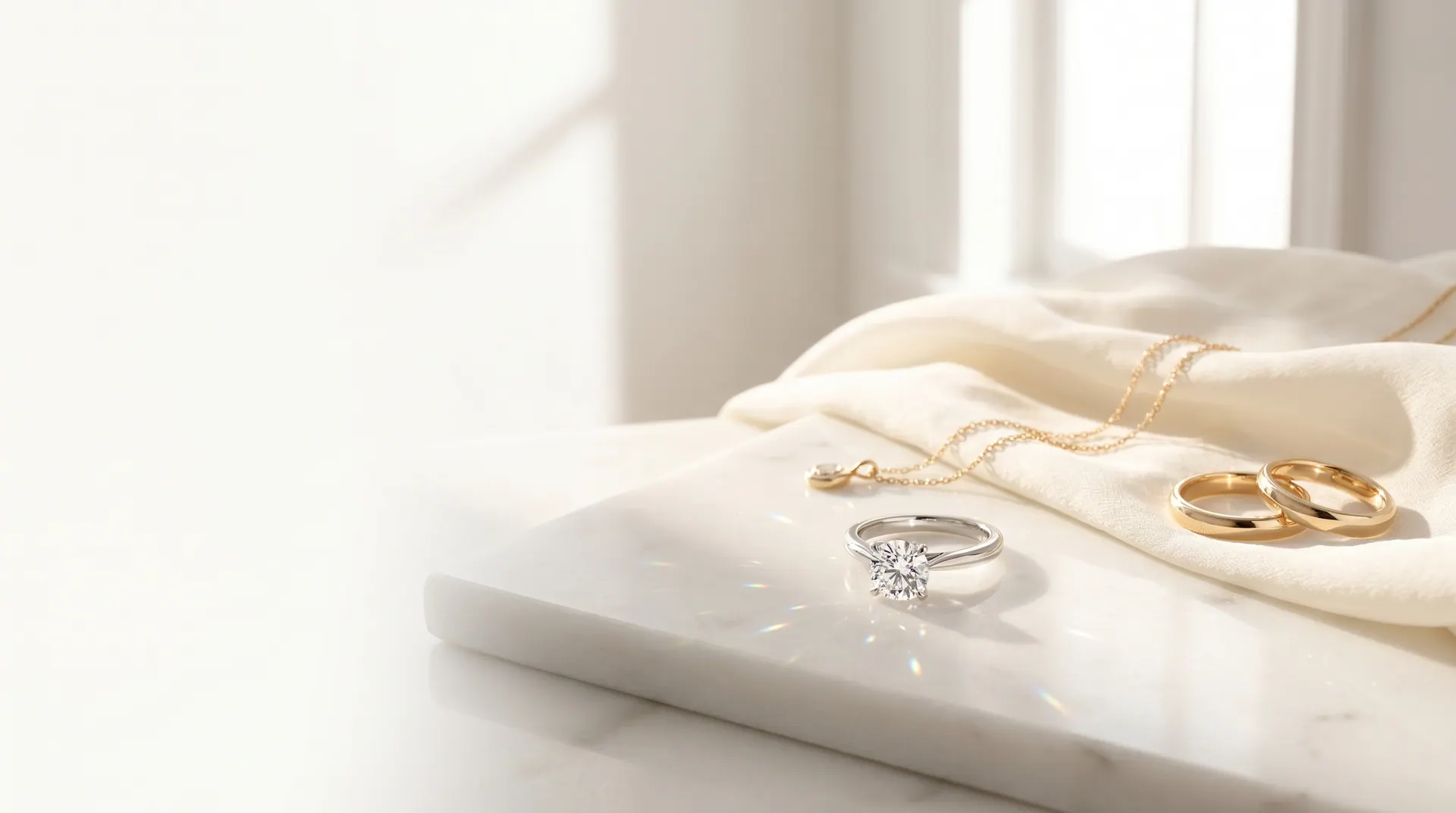 Feiner Goldschmuck mit Diamantring auf Seide bei RT Goldrausch Reutlingen