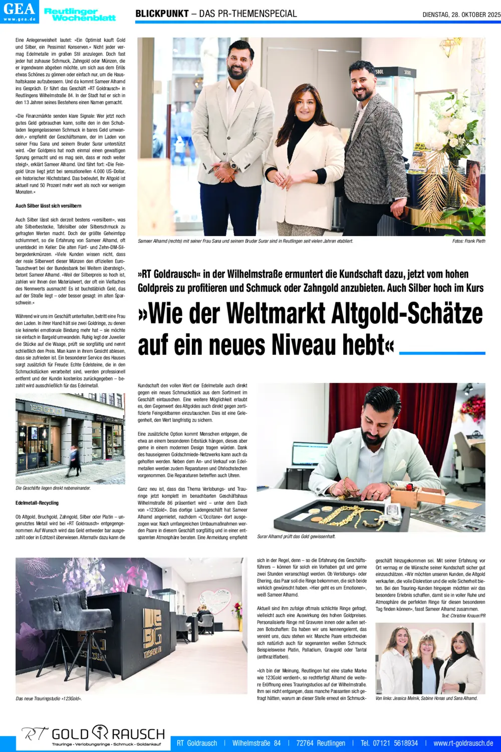 Presseartikel: „Wie der Weltmarkt Altgold-Schätze auf ein neues Niveau hebt“ (GEA · Reutlinger Wochenblatt, 28.10.2024)
