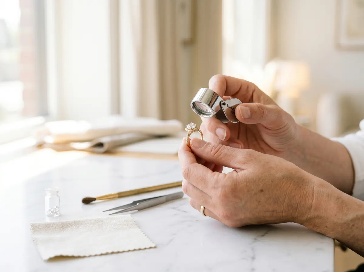 Prüfung eines geerbten Goldrings mit der Juwelierslupe in der Werkstatt von RT Goldrausch Reutlingen